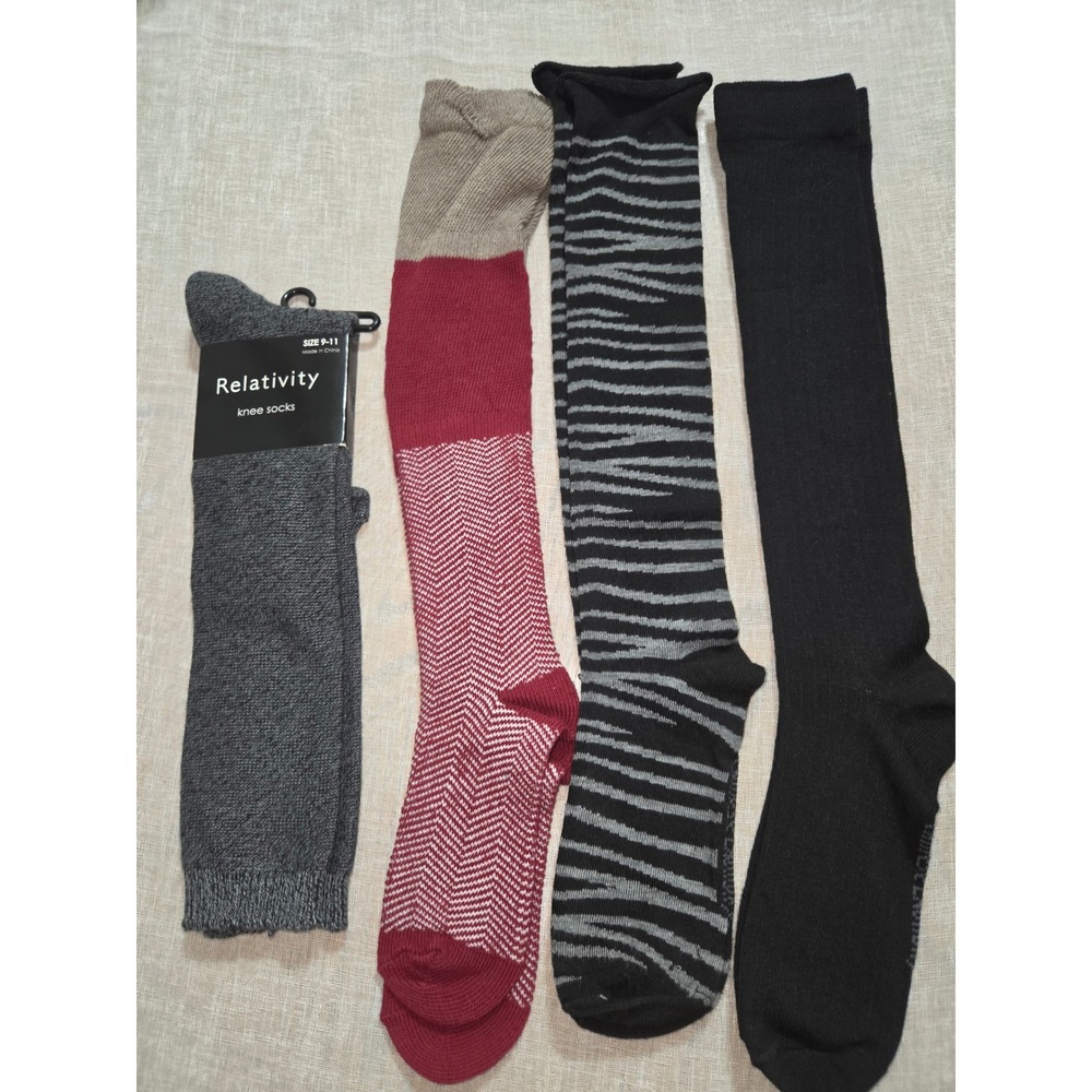 Womens Knee High Socks Bundle 4 Pairs Gray Red Herringbone Zebra
